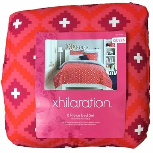 Queen Bed In A Bag Coral & Pink Geometric Comforter Sheets Shams & Pillow, 8 Pc - Picture 1 of 2