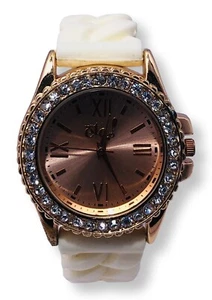 RUE 21 ETC! Women's Watch Rose Gold Diamonds - Cream Rubber Strap - Picture 1 of 6