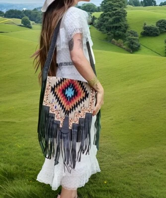 Aztec Floral Tooled FRINGE LEATHER BAG Tassel boho Western vintage Festival tan - Image 1 of 4