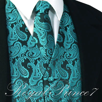 Teal Mermaid Green XS to 6XL Paisley Tuxedo Dress Vest Waistcoat & Neck tie 20-Z - Image 1 of 4