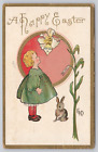Postcard Easter Little Girl Rabbitt and Illustrated Face in Petal of Flower 1910