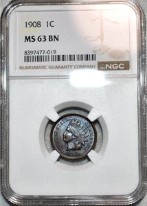 NGC MS-63 BN 1908 Indian Head Cent, Attractively Toned specimen. - Picture 1 of 2