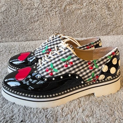 Betsey Johnson Womens Gingham Cherry Heart Platform Oxfords Loafers Size 10 - Image 1 of 4