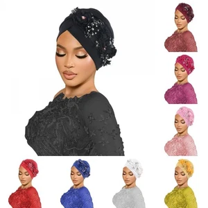 Africa Women Head Wraps Turban Cap Flower Hot Drill Solid Color Bonnet Auto Gele - Picture 1 of 36