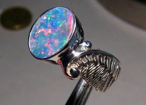 Brilliant  Opal Ring -   sterling silver   ,  Brightness 5 +  red and Blue - Picture 1 of 12