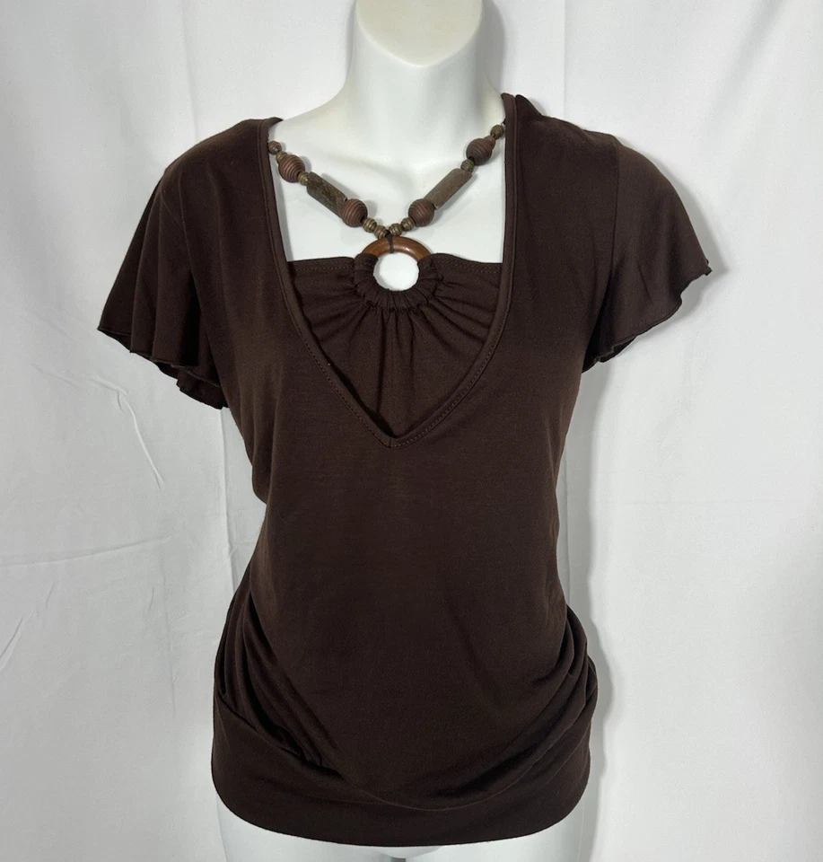 JKLA Y2K Bubble Top Women XL Halter Wood Bead Brown Boho Forest Fairy Grunge USA - Image 1 of 4