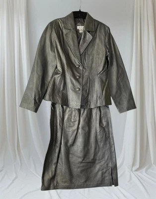DAVID BENJAMIN Women’s Gray Leather Skirt Jacket Suit Size 10/14 NWOT - Image 1 of 4