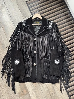 Mens 42 SCULLY Black Leather Fringe Beaded Hand Lace Western Navajo Jacket - Image 1 of 4