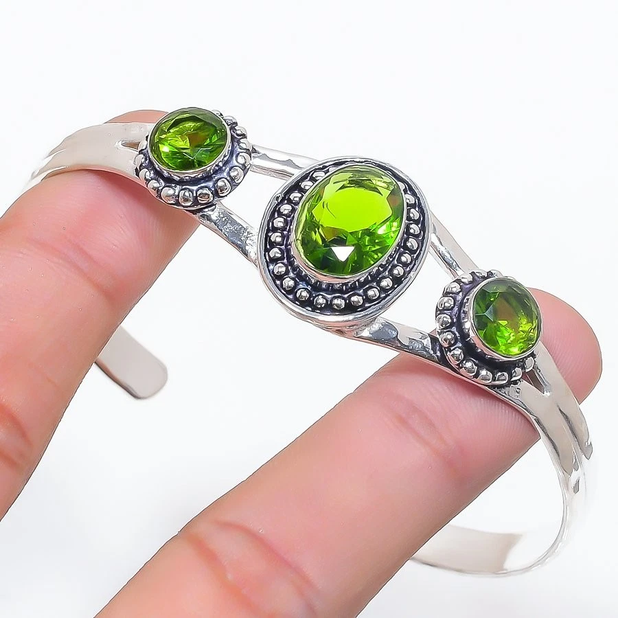 Green Peridot Gemstone Handmade 925 Sterling Silver Adjustable Cuff Bracelet - Image 1 of 1