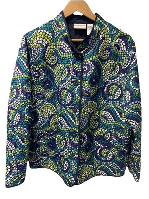 Chaqueta Alfred Dunner Acolchada Ligera Botón Talla 16 Azul Marino Púrpura Verde Mandarín Collar Foto 1 de 4