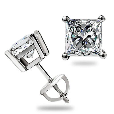 2 Ct Princess Cut Moissanite Stud Earrings 14K White Gold Screw Back New Gift - Image 1 of 4