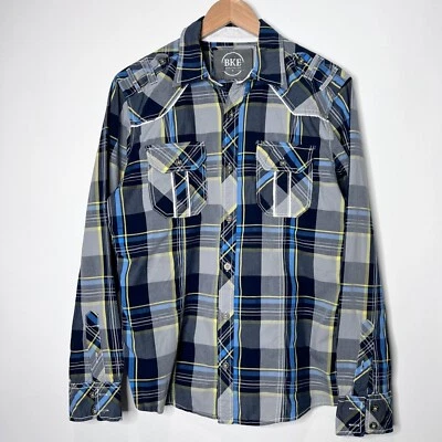 BKE Button Down Shirt Athletic Fit Blue Yellow Long Sleeve Men's Size M - Image 1 of 4