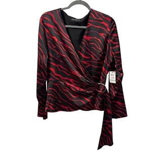 INC Womens Large Wrap Top Zori Zebra Print Black & Red Long Sleeve Tie Waist - Picture 1 of 12