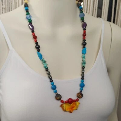 OOAK Bohemian Mala Necklace Men Women Multi Natural Stone Long Energy Vibes Gift - Image 1 of 4