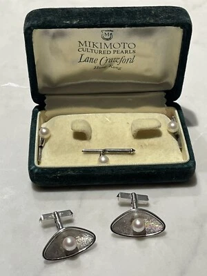 Mid Century Mikimoto Sterl. Silver 6.5mm Akoya Pearl Cufflinks And Studs W/ Box - Image 1 of 4