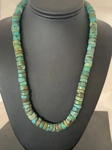 Native Navajo Turquoise 12mm 26” Heishi Sterling Silver Bead Necklace 00384A - Picture 1 of 12