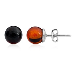 925 Solid Sterling Silver Cherry Baltic Amber 8 mm Ball Beautiful Stud Earrings - Picture 1 of 4