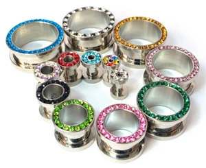 PAIR Cubic Zirconia Gem Rimmed Steel Screw Fit Tunnels Plugs Earlet Gauges - Picture 1 of 86