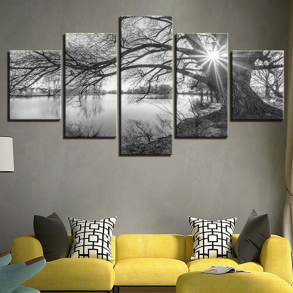 Multi Panel Print River Sunrise Canvas Wall Art Black & White 5 Piece Country - Image 1 of 4