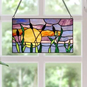 Sunset and Cattails Stained Glass Hanging Window Panel Suncatcher 8x14in - Picture 1 of 8