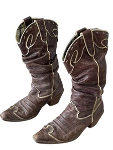 Nana Cowgirl Boots Size 7 Brown With Gold Accents Cinched Rolled Leather Western - Picture 1 of 10