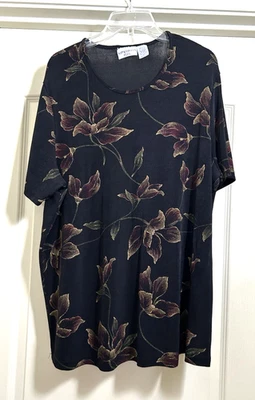 Kathy Ireland Plus Slinky Knit Black Floral Stretchy Short Sleeve Top Size 2X - Image 1 of 4