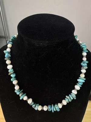 Vintage Sterling Silver Cultured Pearl Turquoise Choker Necklace 925 15.5" - Image 1 of 4