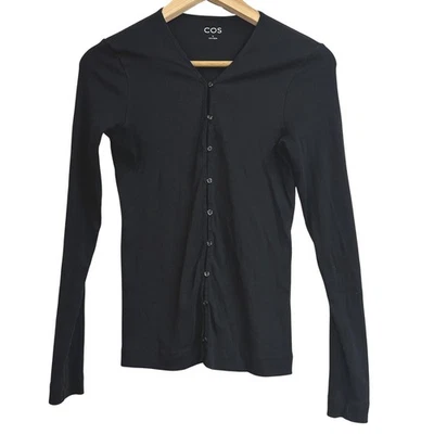 Top COS Negro Acanalado Botón Delantero Manga Larga Cuello en V Mujer Talla S Foto 1 de 4