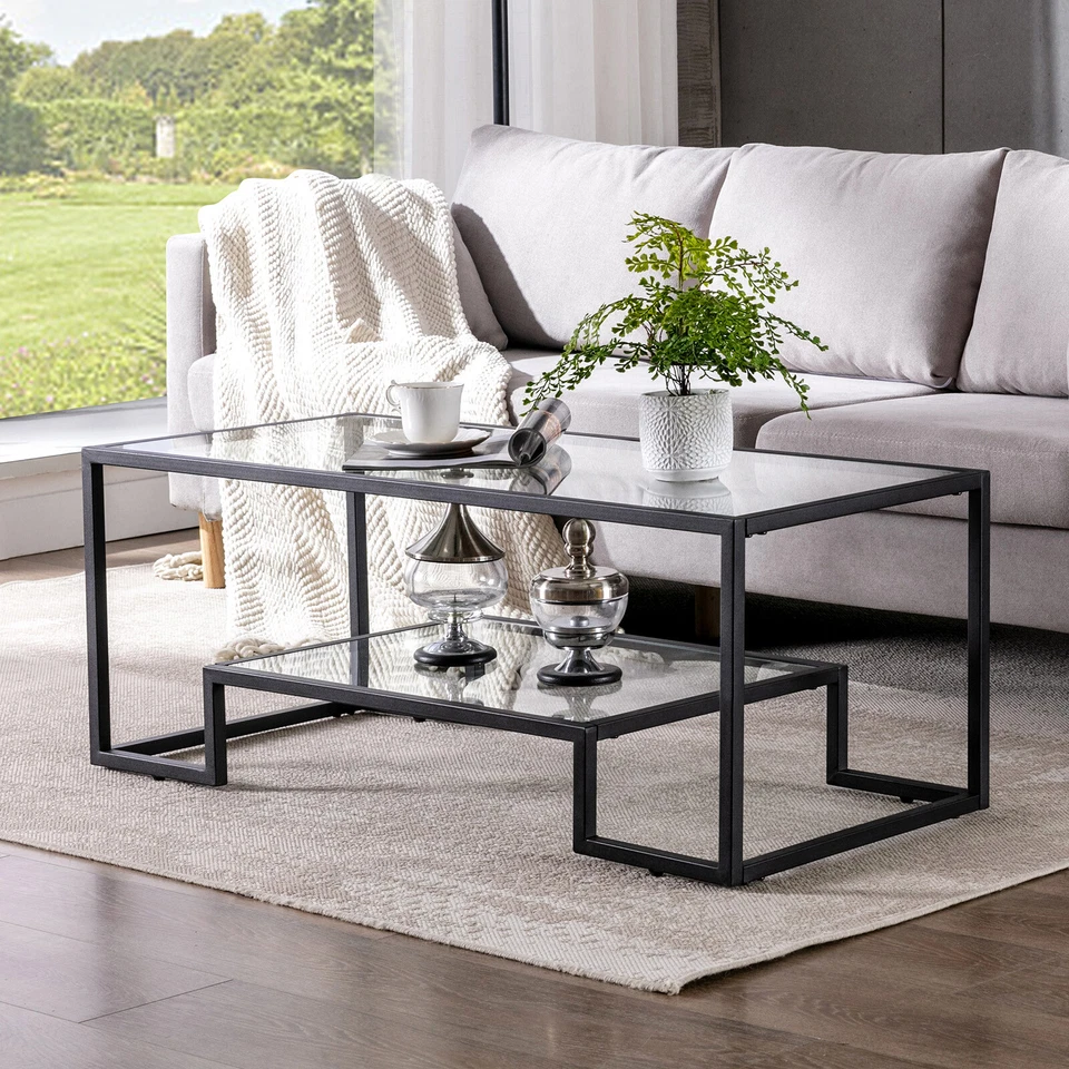 Modern Rectangle Glass Top Coffee Table Accent CocktailStorage Shelf Living Room - Image 1 of 4