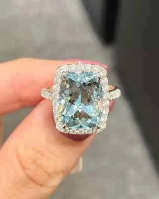 Обручальное кольцо с натуральным бриллиантом аквамарином огранки подушка 5,51 карата 950 платина размер 7 - Изображение 1 из 4