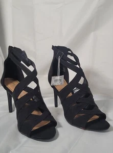 Christian Siriano Black strappy Heel Size 7.5 London Opentoe Faux Suede - Picture 1 of 24