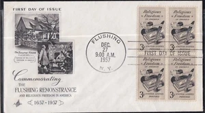 USA 1957 FIRST DAY COVER RELIGIOUS FREEDOM IN AMERICA BLOCK OF 4 + CACHET - Picture 1 of 1
