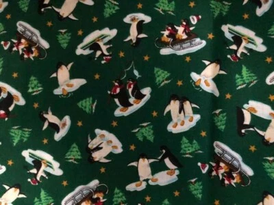 Christmas Novelty Chilly Willy Penguins on Green w/ Trees  Stars 24 ½” x 27 ½” - Image 1 of 4
