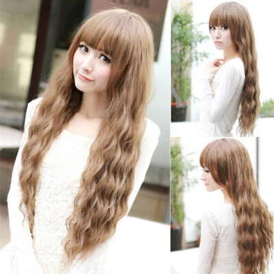 New Fashion Long Brown Neat Bang Wavy Women Lady Cosplay Hair Wig Wigs + Wig Cap - Image 1 of 4
