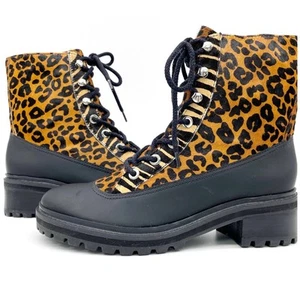 NEW Schutz Womens 9.5 Mafalda Leopard Print Calf Hair Combat Boots Black Tan - Picture 1 of 10