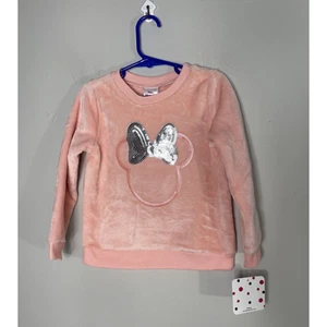 Disney Junior Minnie Mouse Sequined Bow Girls 4 Fuzzy Pullover Sweater Peach - Picture 1 of 11