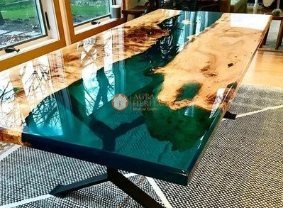 Green Epoxy Resin Dining Table Top Handmade Arts Luxury Home Furniture Decors - Image 1 of 4