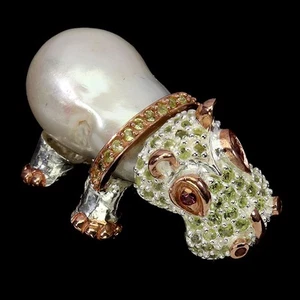 925 Sterling Silver Pendant Round Peridot Rhodolite Pearl Gemstone Hippo Jewelry - Picture 1 of 13