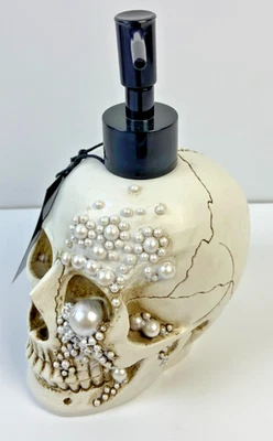 New White Skull W/ Silver Pearls Halloween Soap Dispenser Spooky Decoration - Image 1 of 4