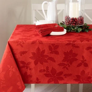 Poinsettia Legacy Damask Fabric Table Cloth, Holiday, Winter, and Christmas T... - Picture 1 of 7