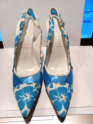 Casadei Women Floral Blue TextileLeather Slingback High Heels Sandals Size 7 - Image 1 of 4
