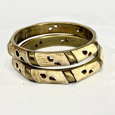 Pulseiras vintage de chifre e latão, conjunto de 2 retrô boho hippie - Imagem 1 de 4