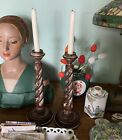 vintage Pair Made in Italy Wood Candlesticks Barely Twist Open Spiral 15" wooden