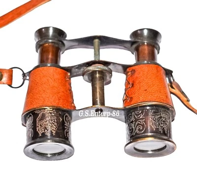 Antique Brass Leather Binocular Vintage Mini Opera Glasses with Leather Strap - Image 1 of 4