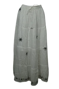 Boho Gypsy Hippy White Long Skirt Flared Tiered Cotton Summer Style Skirts M/L