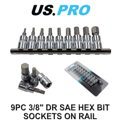 US PRO 9pc 3/8" dr SAE / Imperial Hex, Allen Bit Sockets Socket Rail 3385 - Image 1 of 4