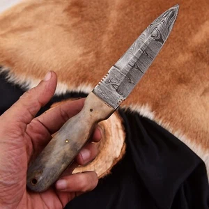 CUSTOM HANDMADE FORGED DAMASCUS STEEL HUNTING BOOT KNIFE W LEATHER SHEATH 972 - Picture 1 of 5
