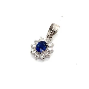 Platinum 900 Oval Deep Blue Sapphire & 0.20CT Diamond Flower Halo Dainty Pendant - Picture 1 of 12