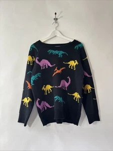 Over Kleshas Black Multicolor Dinosaur Dino Knit Sweater Shirt Womens Size L/XL - Picture 1 of 11