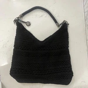 The Sak Knit Crochet Hobo Purse Shoulder Bag  Leather Braided Handle Black Large - Picture 1 of 6